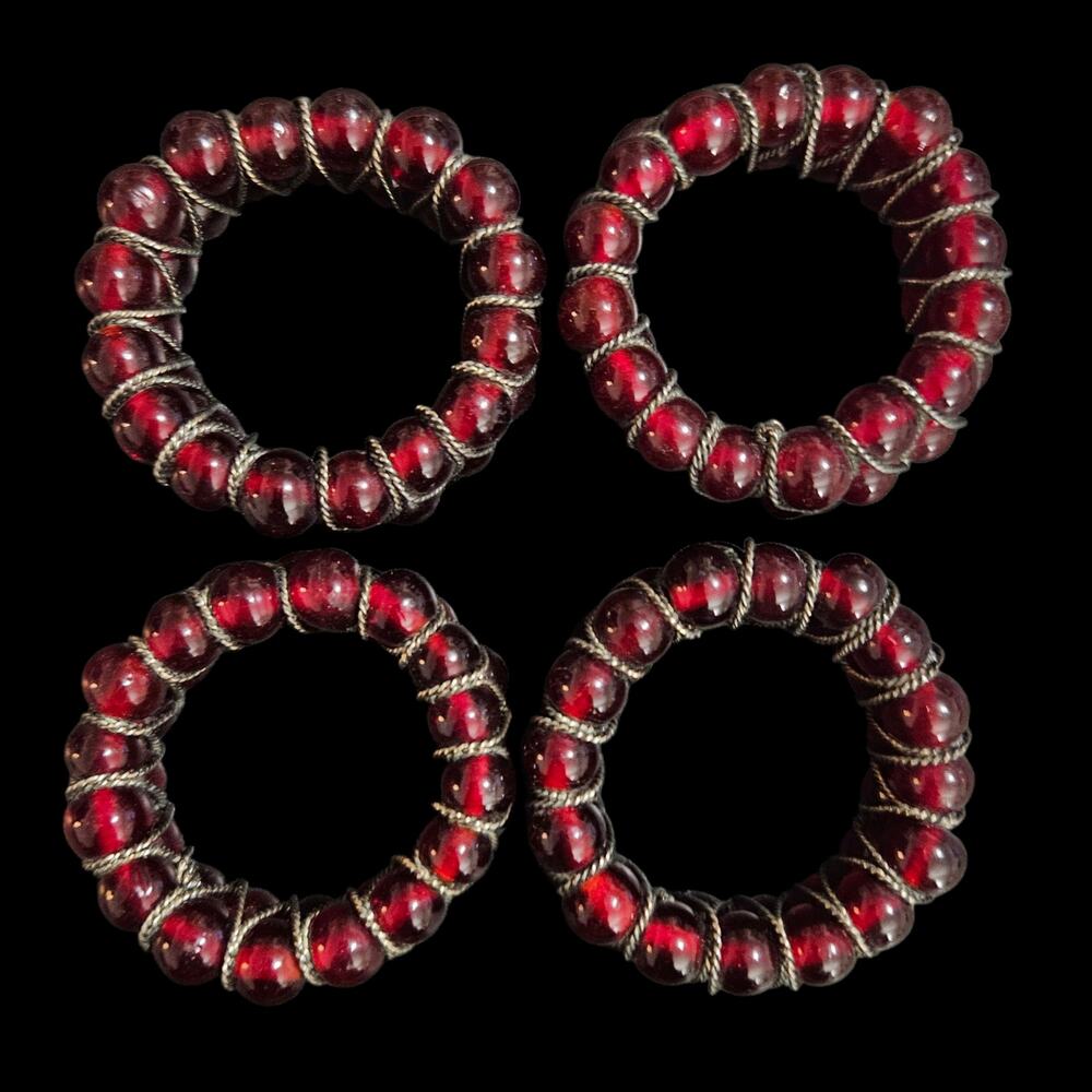 Vintage Red Glass Beaded Napkin Rings Silver Tone Wire Wrapped Set